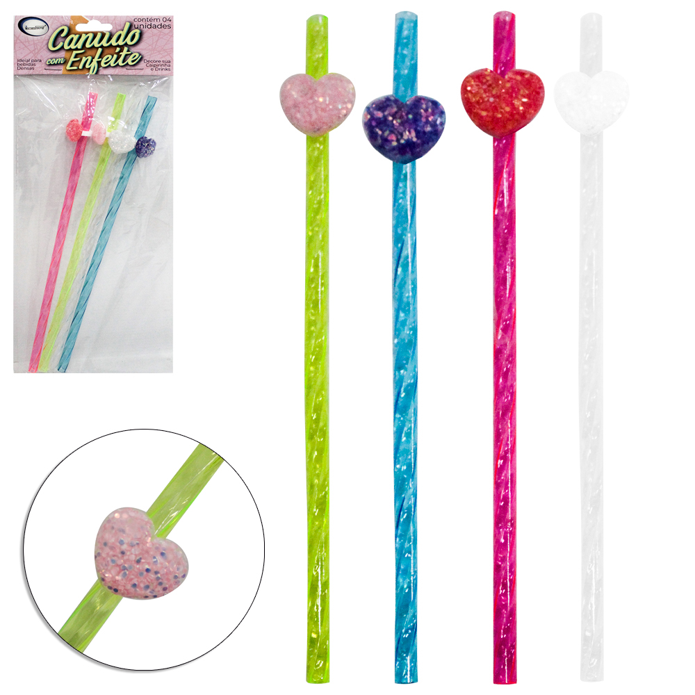 CANUDO DE PLASTICO RETO REUTILIZAVEL COM ENFEITE 4 PECAS 23CM