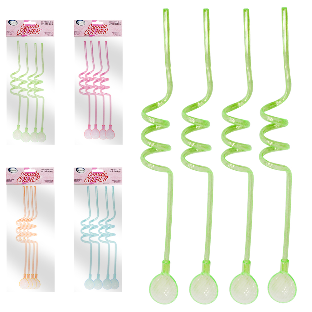 CANUDO COLHER DE PLASTICO REUTILIZAVEL ESPIRAL COM 4 PECAS 26CM