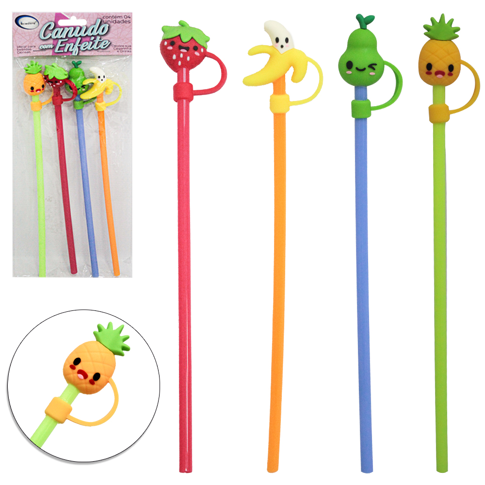 CANUDO DE PLASTICO RETO REUTILIZAVEL COM ENFEITE TAMPA PROTETOR FRUTAS 4 PECAS 25CM