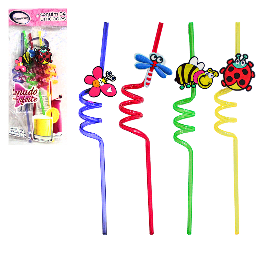 CANUDO DE PLASTICO REUTILIZAVEL ESPIRAL BICHINHOS COM 4 PECAS 26CM