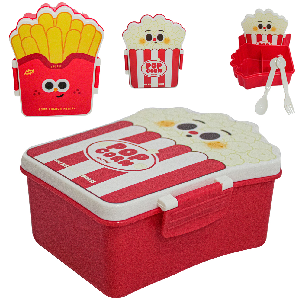 MARMITA DE PLASTICO BATATA FRITA / PIPOCA COM 2 DIVISORIAS + COLHER E GARFO 18,5X15X8CM