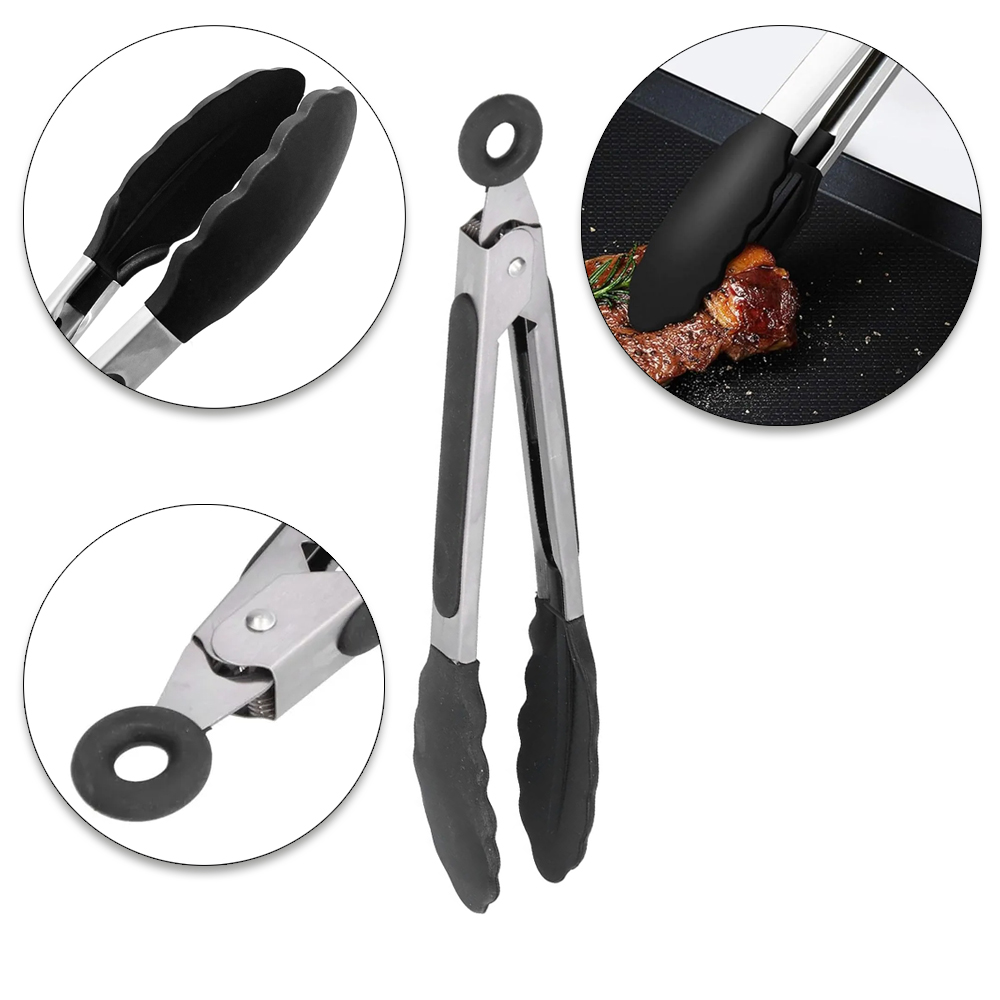 PEGADOR INOX MULTIUSO DE SILICONE PRETO COM MOLA E TRAVA 21CM