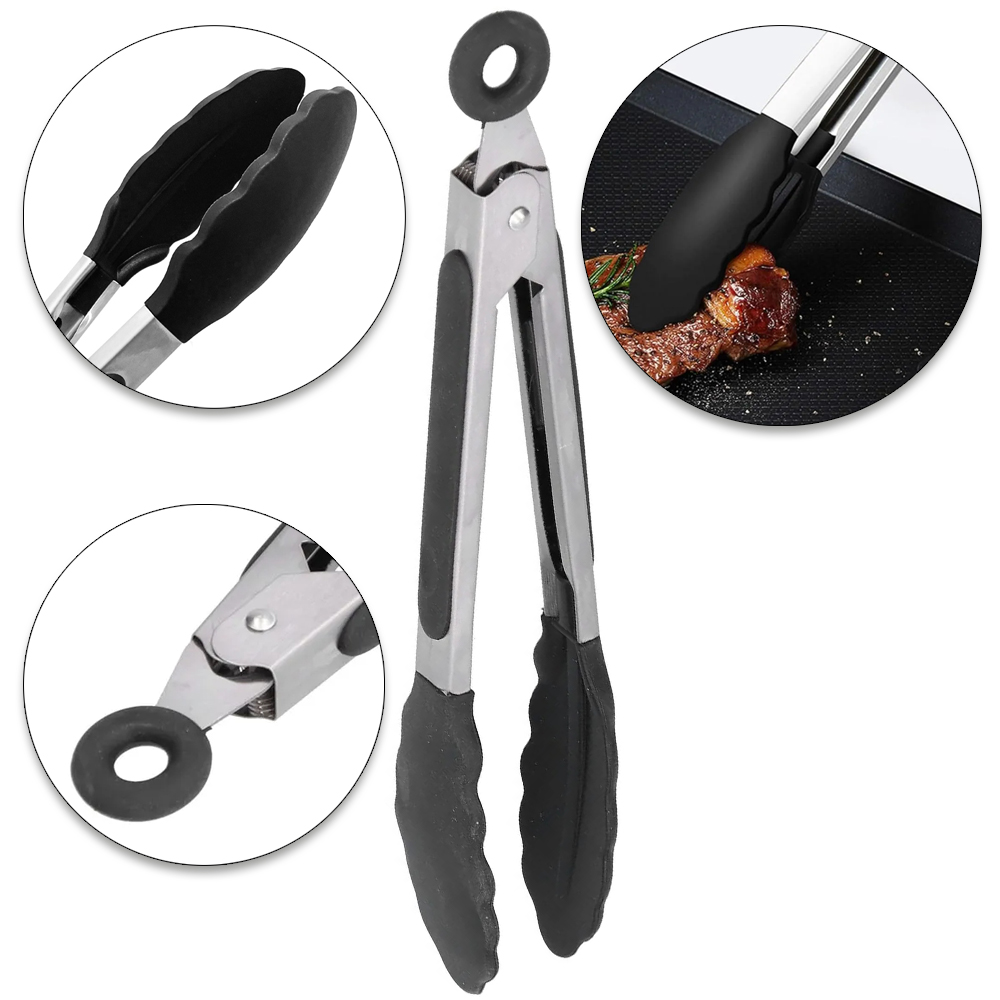 PEGADOR INOX MULTIUSO DE SILICONE PRETO COM MOLA E TRAVA 29CM