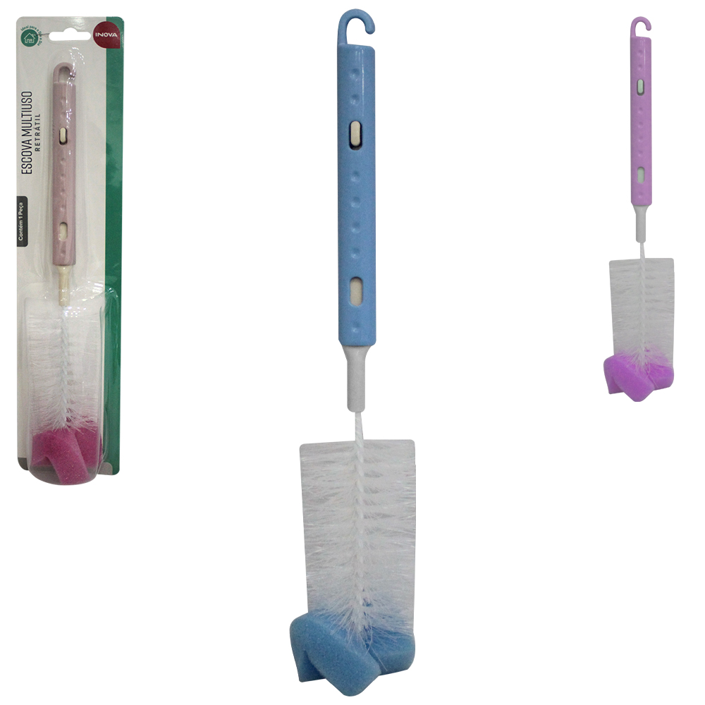 ESCOVA LAVA MAMADEIRA / GARRAFA DE NYLON COM ESPONJA / BUCHA E CABO PLASTICO RETRATIL INOVA 29,5CM