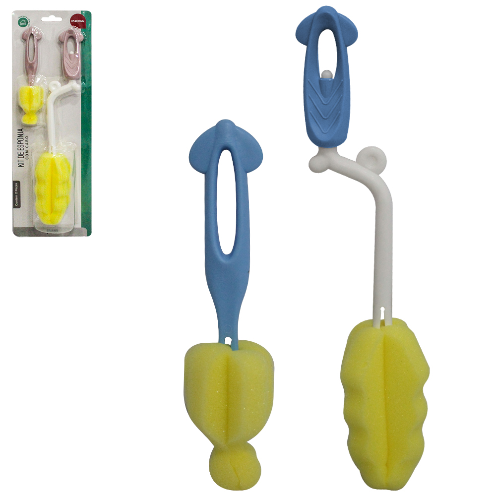 ESCOVA LAVA MAMADEIRA / GARRAFA DE ESPONJA / BUCHA CABO PLASTICO GIRATORIO INOVA COM 2 PECAS