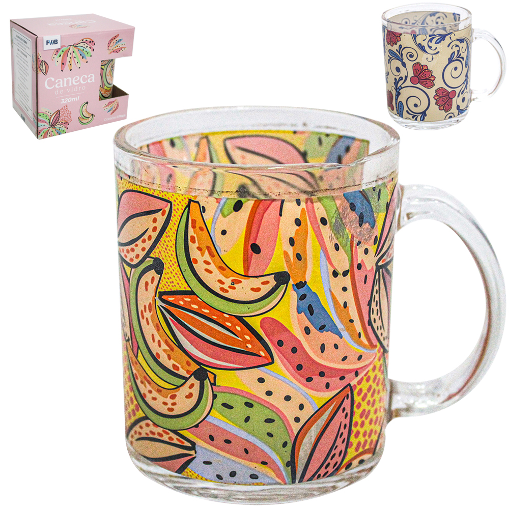 CANECA XICARA DE VIDRO ESTAMPAS SORTIDAS 320ML