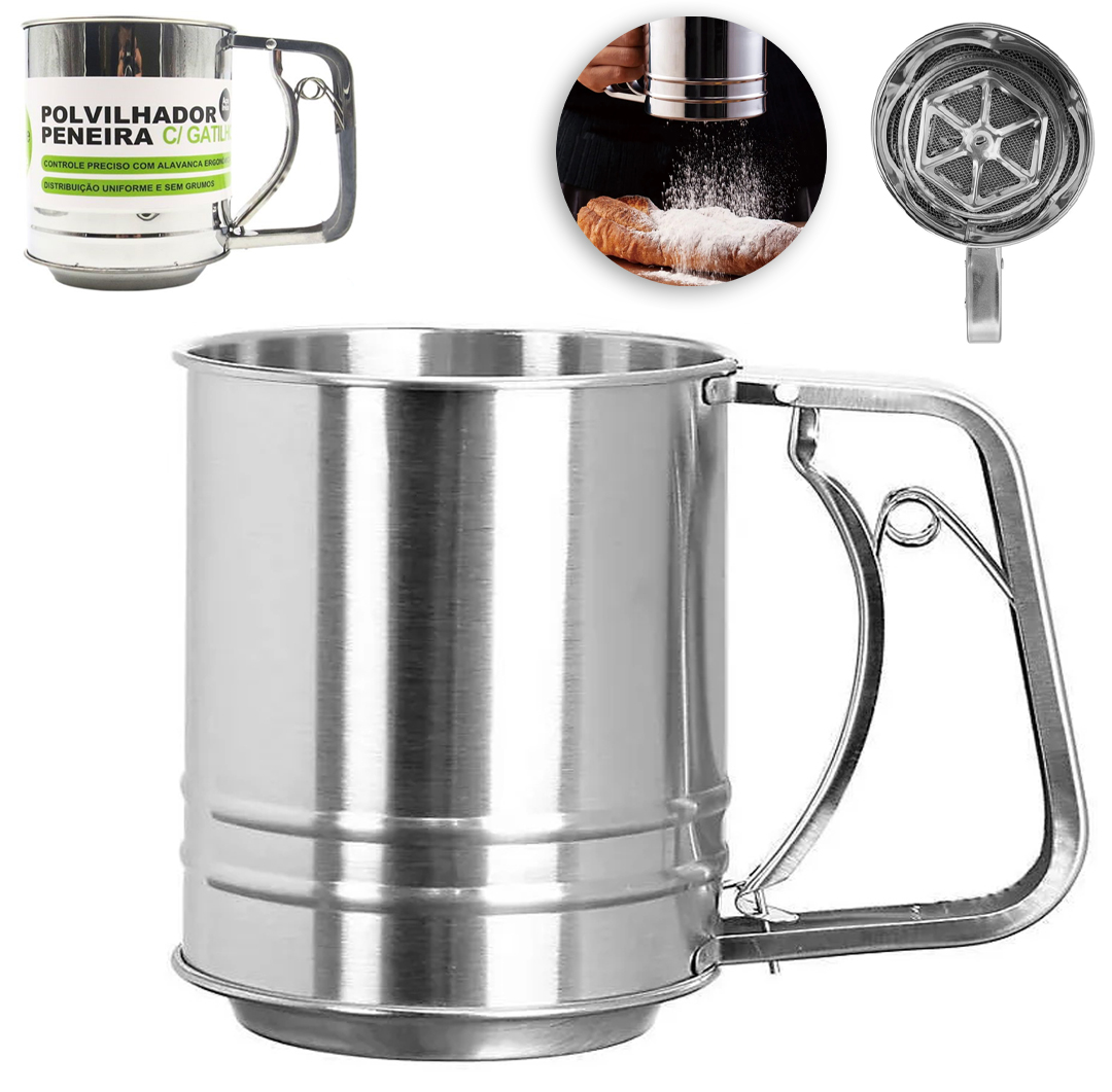 POLVILHADOR / PENEIRA DE INOX TIPO CANECA COM GATILHO 18,5X13X12,5CM DE Ø