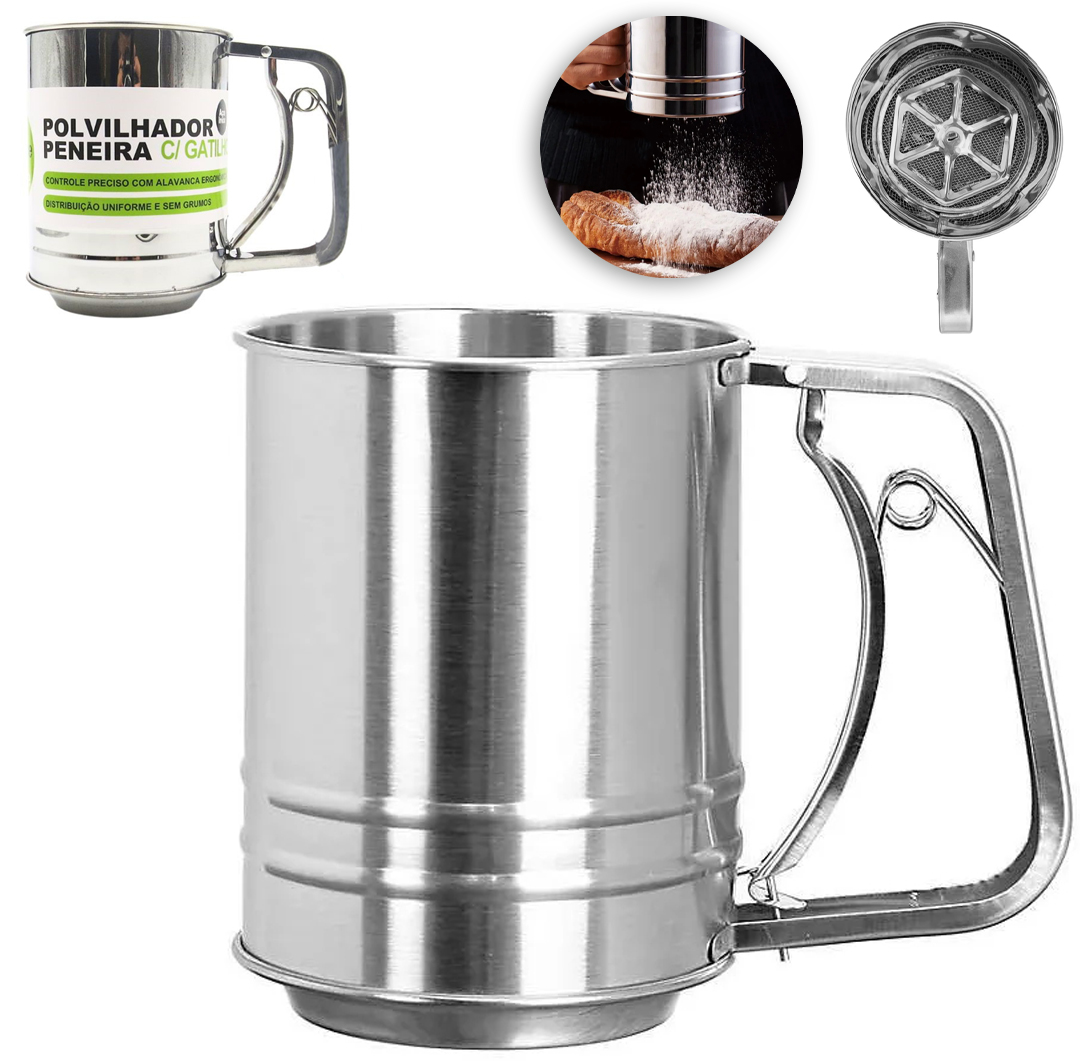 POLVILHADOR / PENEIRA DE INOX TIPO CANECA COM GATILHO 16X13X10CM DE Ø