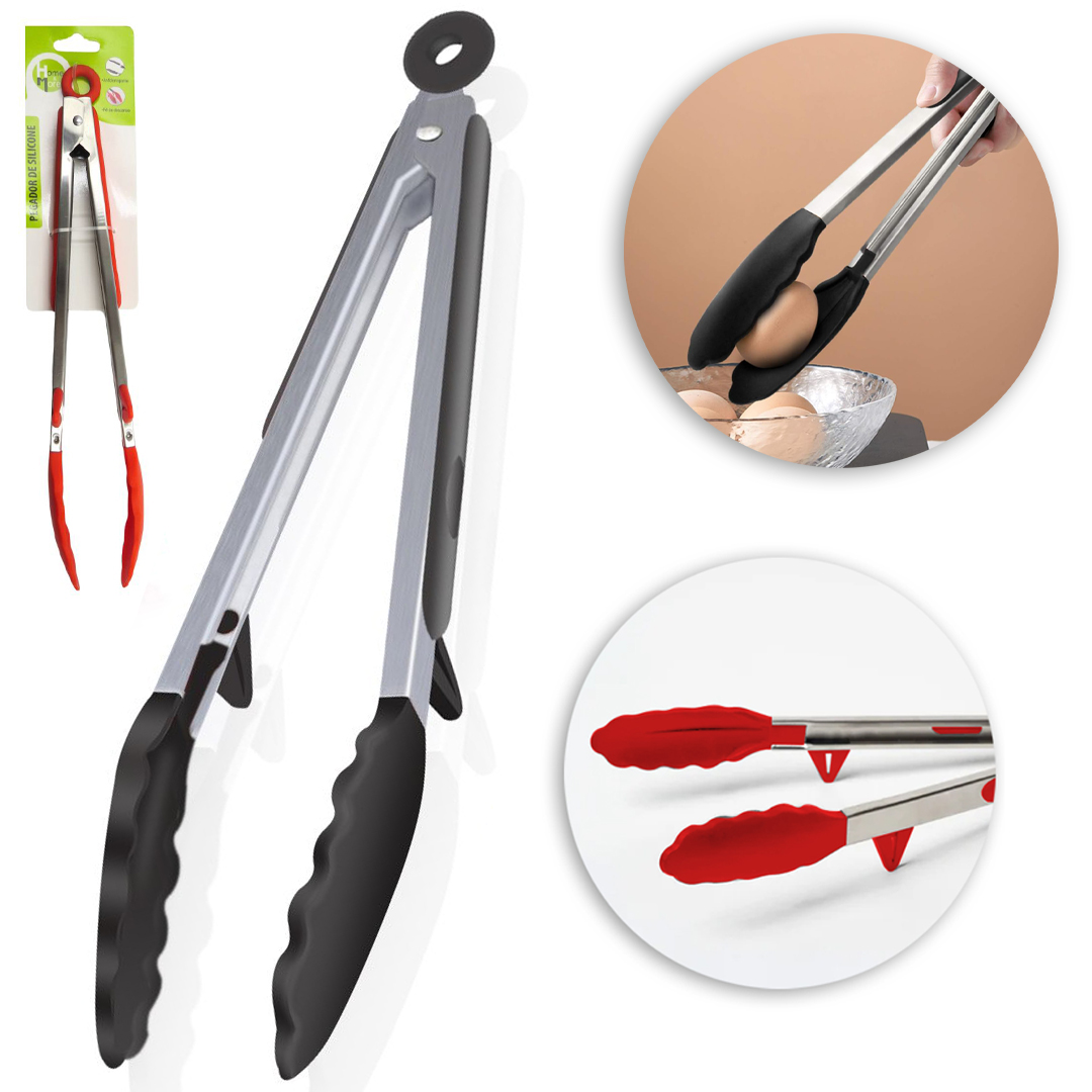 PEGADOR MULTIUSO DE SILICONE VERMELHO E PRETO COM CABO DE INOX E PE APOIO DE DESCANSO + MOLA E TRAVA 34CM
