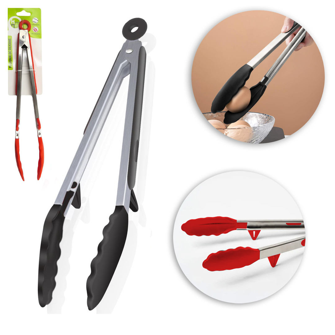 PEGADOR MULTIUSO DE SILICONE VERMELHO E PRETO CABO DE INOX E PE APOIO DE DESCANSO + MOLA E TRAVA 27CM