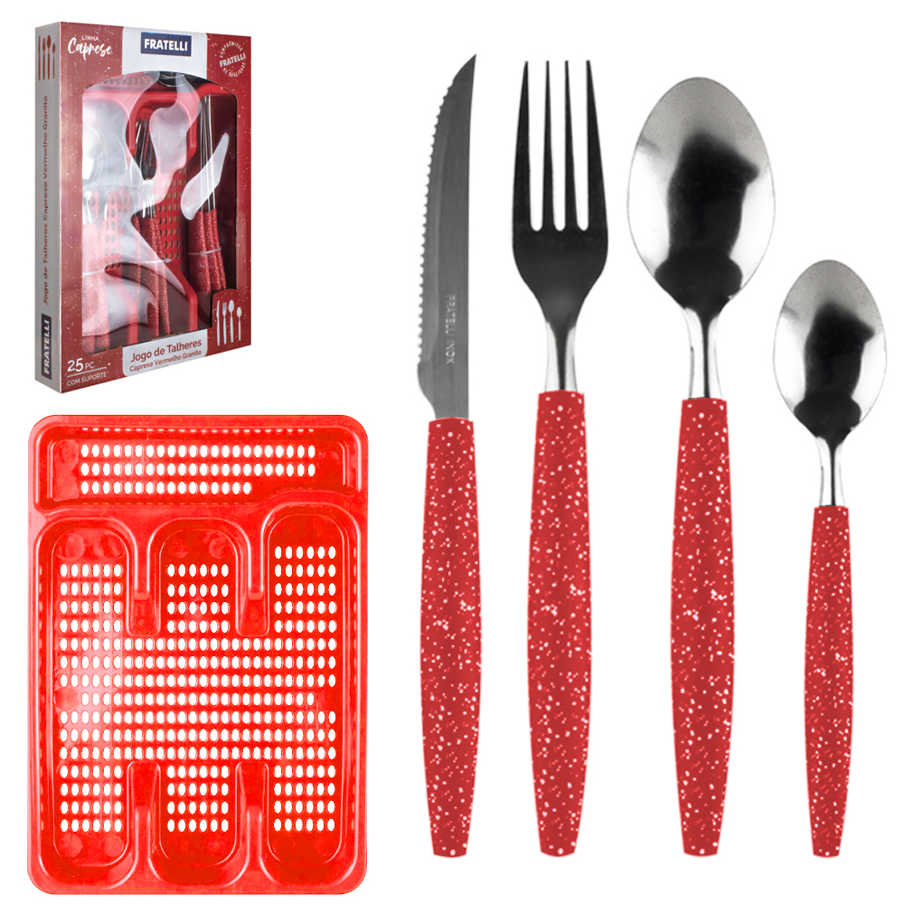 CONJUNTO DE TALHERES / FAQUEIRO INOX COM 24 PECAS CABO PLASTICO + PORTA TALHER CAPRESE VERMELHO GRANITO