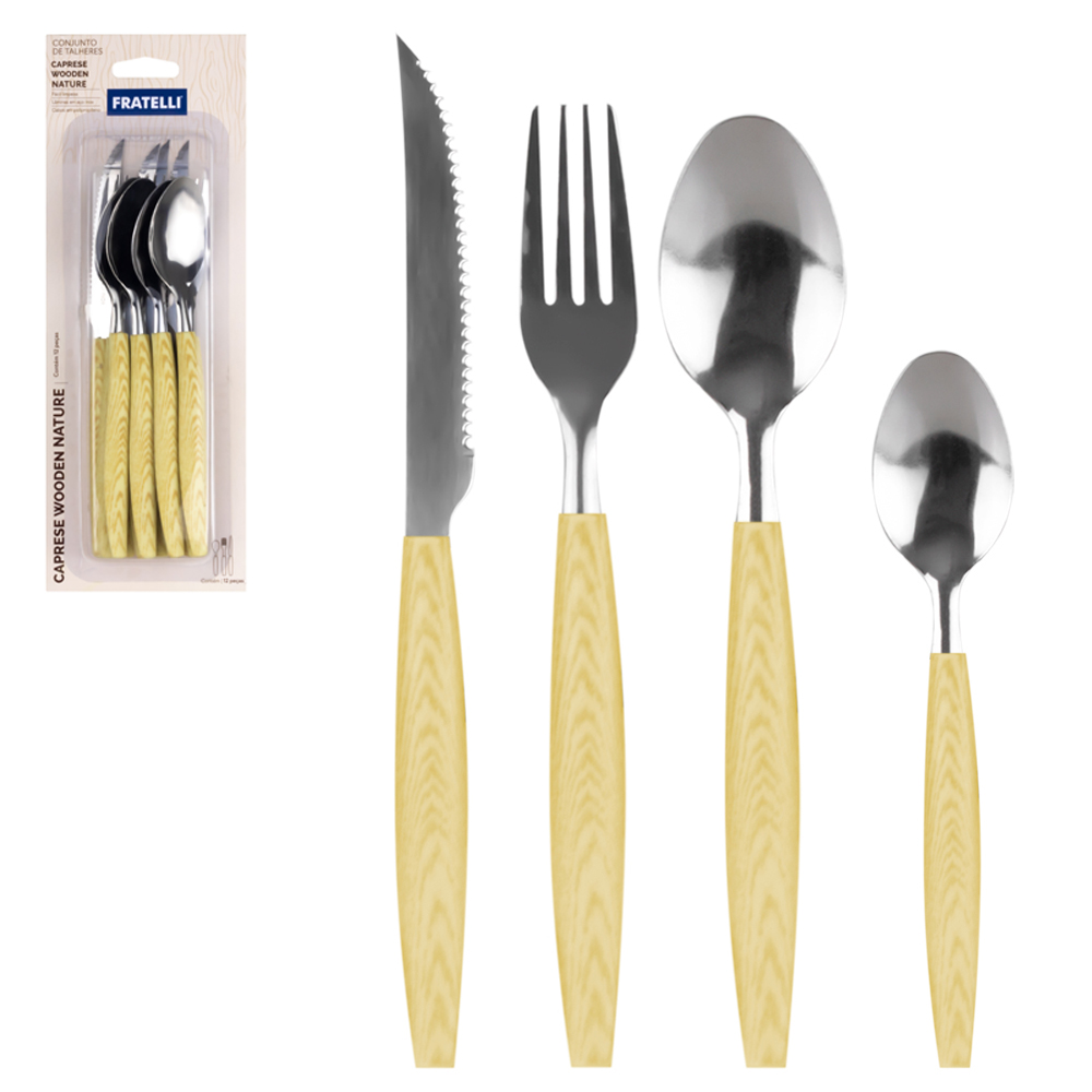 CONJUNTO DE TALHERES / FAQUEIRO INOX COM 12 PECAS CABO PLASTICO CAPRESE WOODEN NATURE