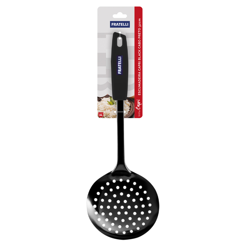 ESCUMADEIRA CAPRI BLACK INOX CABO PLASTICO PRETO 32CM