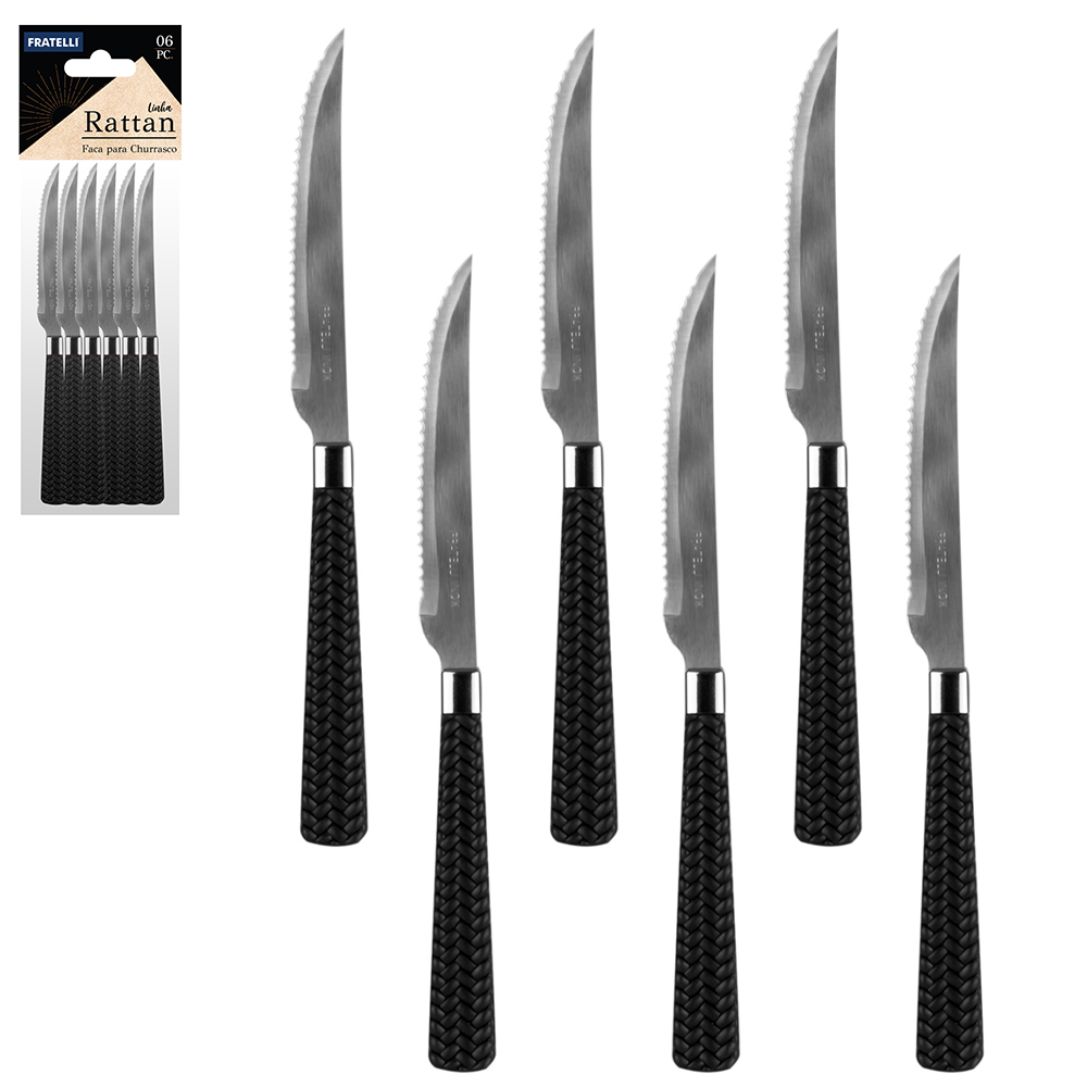 FACA DE CHURRASCO INOX CABO PLASTICO RATTAN PRETO COM 6 PECAS 21CM