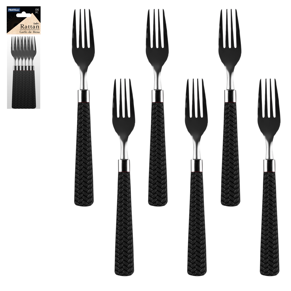GARFO DE MESA INOX CABO PLASTICO RATTAN PRETO COM 6 PECAS 19CM