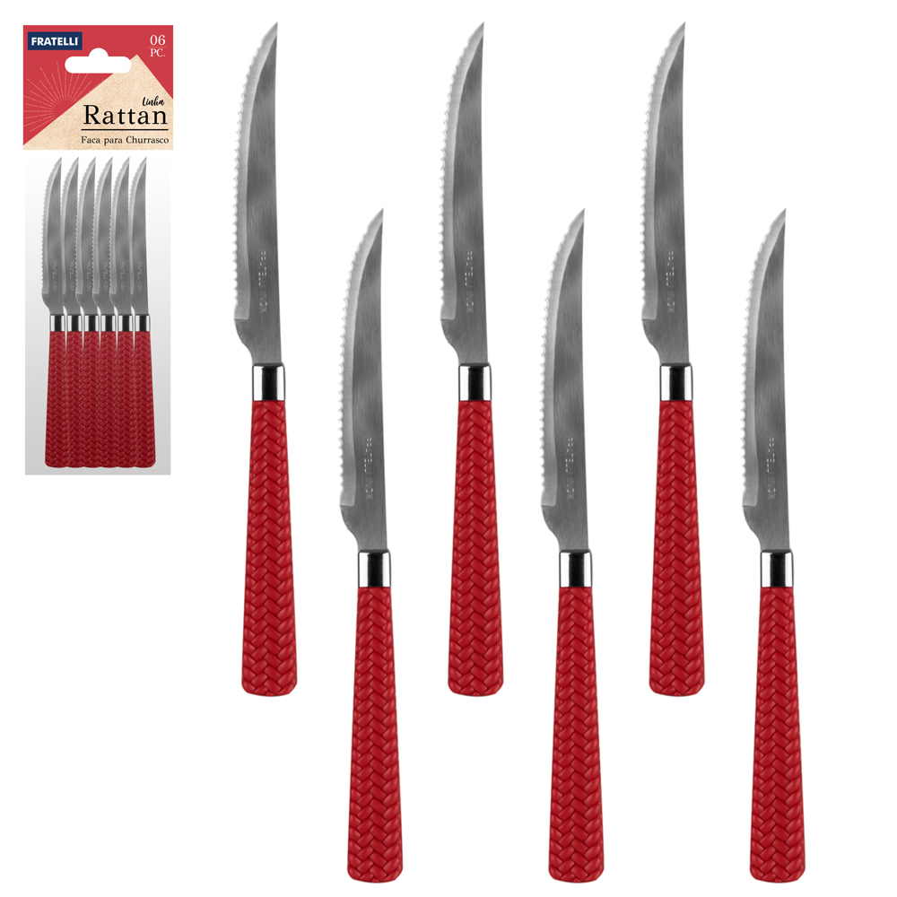 FACA DE CHURRASCO INOX CABO PLASTICO RATTAN VERMELHO CM 6 PECAS 21CM