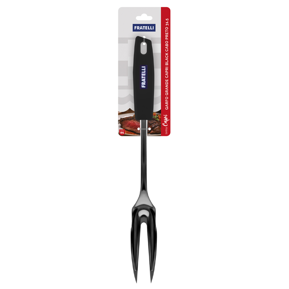 GARFO TRINCHANTE PARA CHURRASCO CAPRI BLACK INOX CABO PLASTICO PRETO 31,5CM