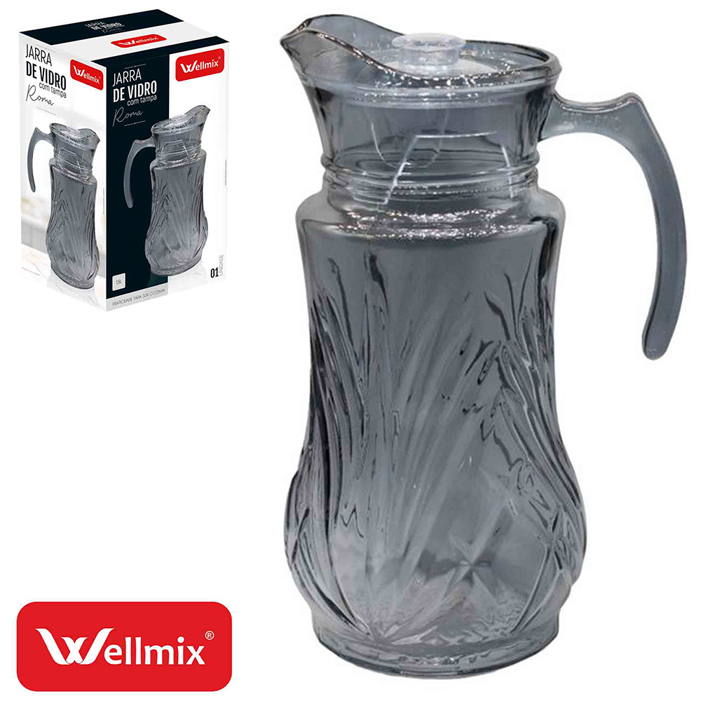 JARRA DE VIDRO COM TAMPA DE ACRILICO ROMA CINZA FUME 1,5L