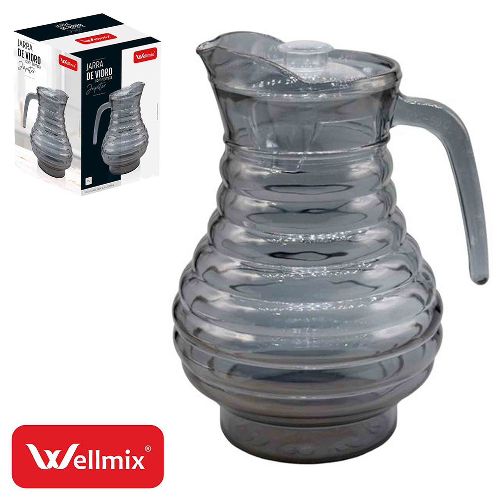 JARRA DE VIDRO COM TAMPA DE ACRILICO JUPITER CINZA FUME 1,3L