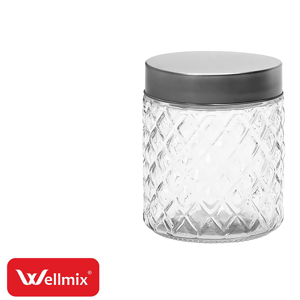 POTE DE VIDRO REDONDO LOSANGO COM TAMPA DE METAL PRATA DIAMOND 800ML