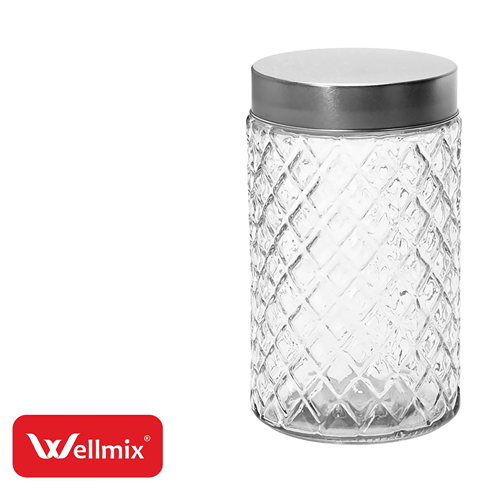 POTE DE VIDRO REDONDO LOSANGO COM TAMPA DE METAL PRATA DIAMOND 1,1L