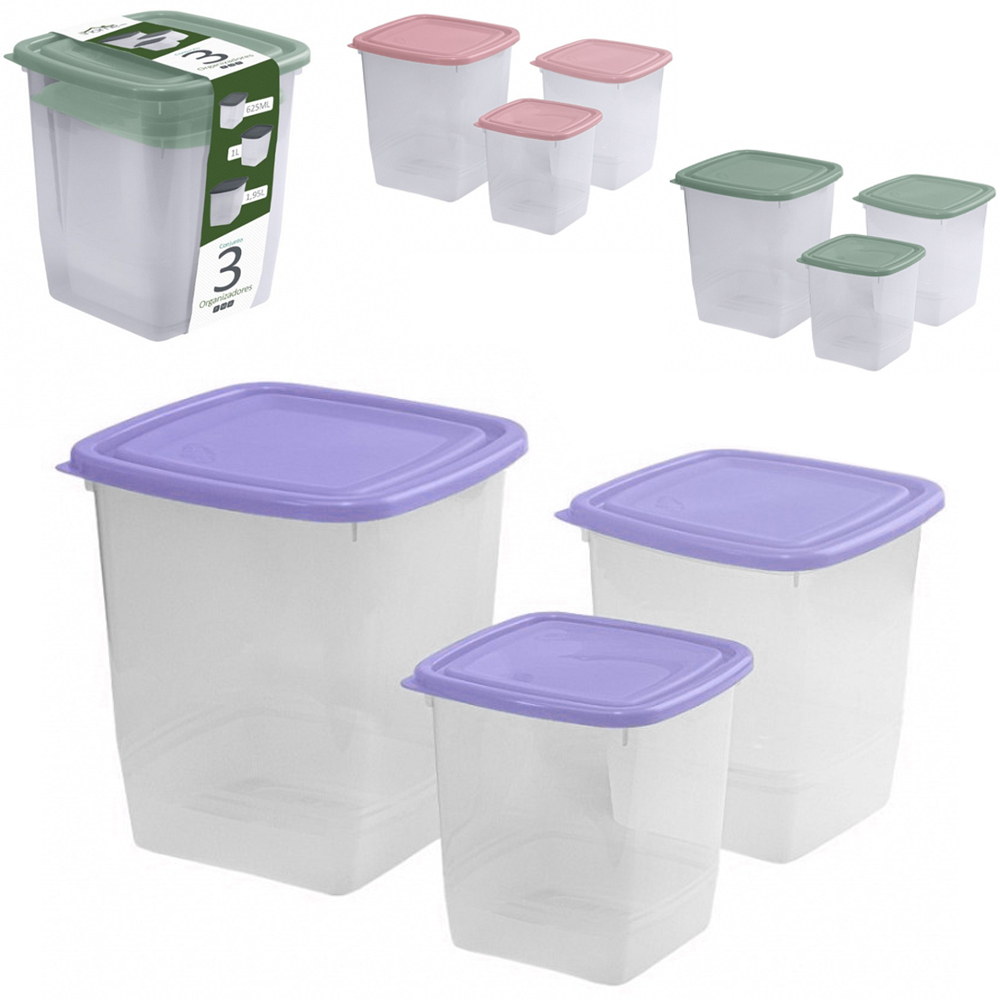 CONJUNTO DE ORGANIZADOR DE PLASTICO QUADRADO PMG HOME COM TAMPA 3 PECAS 1950 / 1000 / 625ML
