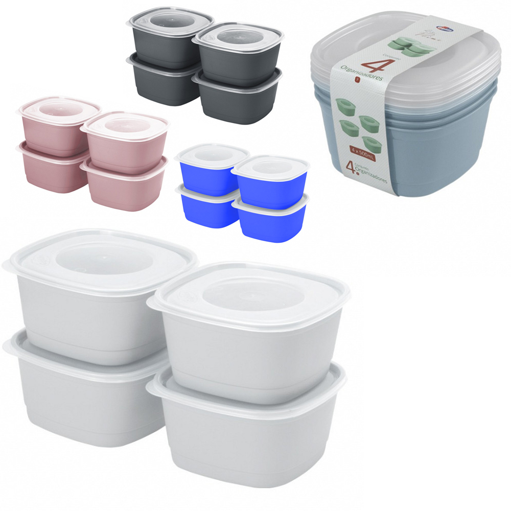 CONJUNTO DE ORGANIZADOR DE PLASTICO QUADRADO P PRIME COM TAMPA 4 PECAS 500ML
