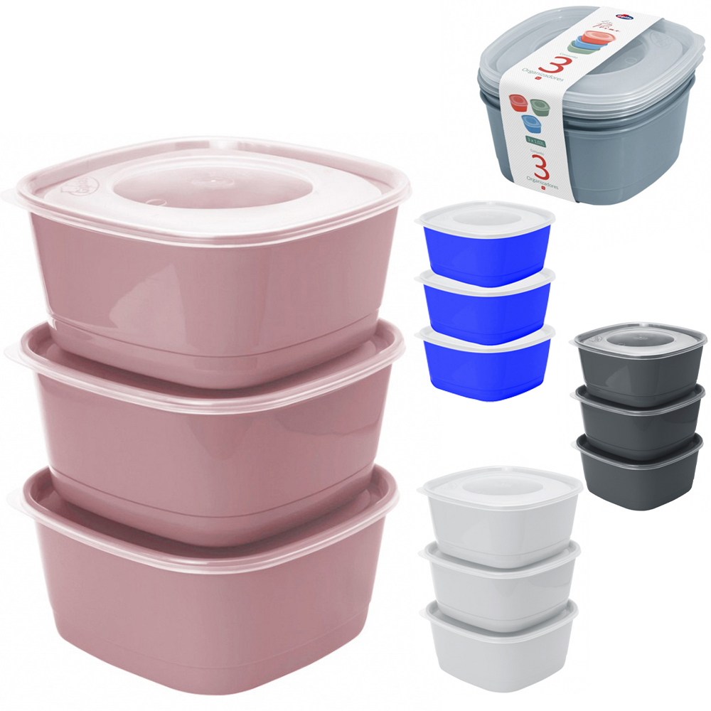 CONJUNTO DE ORGANIZADOR DE PLASTICO QUADRADO M PRIME COM TAMPA 3 PECAS 1020ML