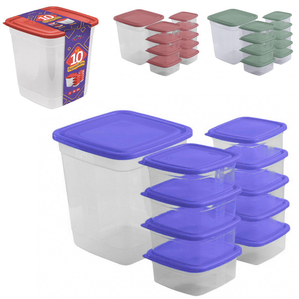 CONJUNTO DE ORGANIZADOR DE PLASTICO QUADRADO PM / GG HOME COM TAMPA 10 PECAS 3600 / 380 / 230ML