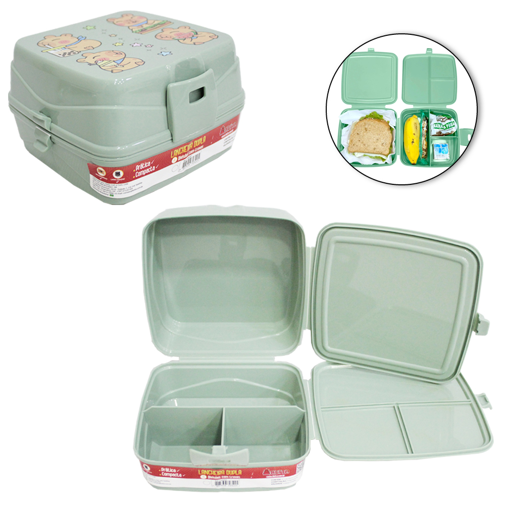 LANCHEIRA DE PLASTICO VERDE CAPIVARA QUADRADO DUPLA COM 4 DIVISORIAS + TRAVA 15X14,5X9,5CM
