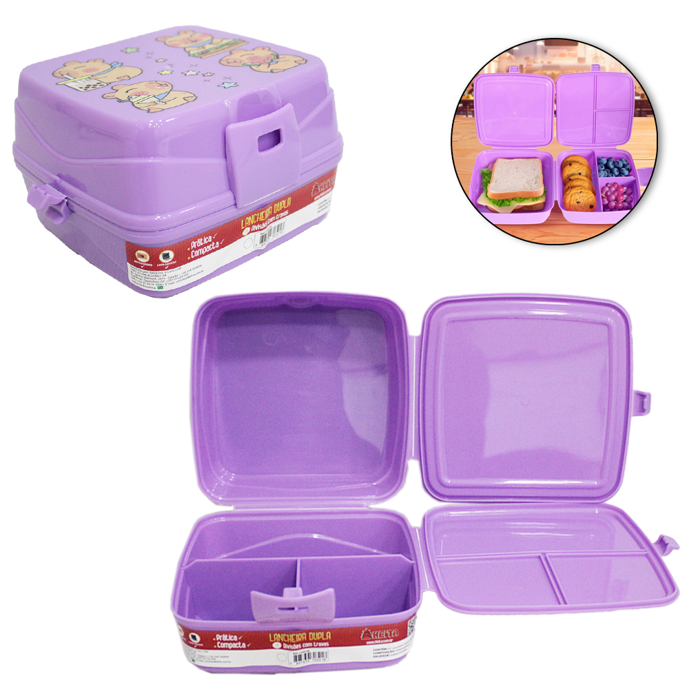 LANCHEIRA DE PLASTICO LILAS CAPIVARA QUADRADO DUPLA COM 4 DIVISORIAS + TRAVA 15X14,5X9,5CM