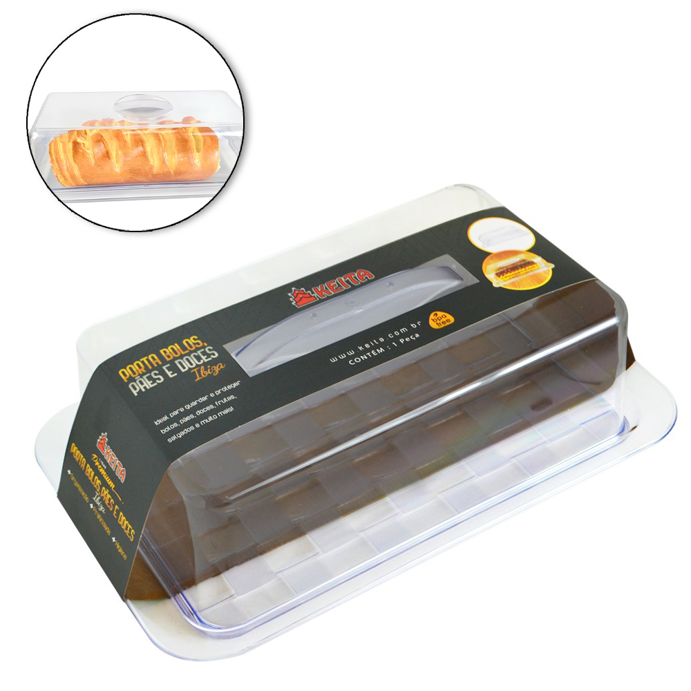 PORTA BOLO / PAO / DOCE DE ACRILICO RETANGULAR COM TAMPA IBIZA CRISTAL PREMIUM 39X25,5X12CM