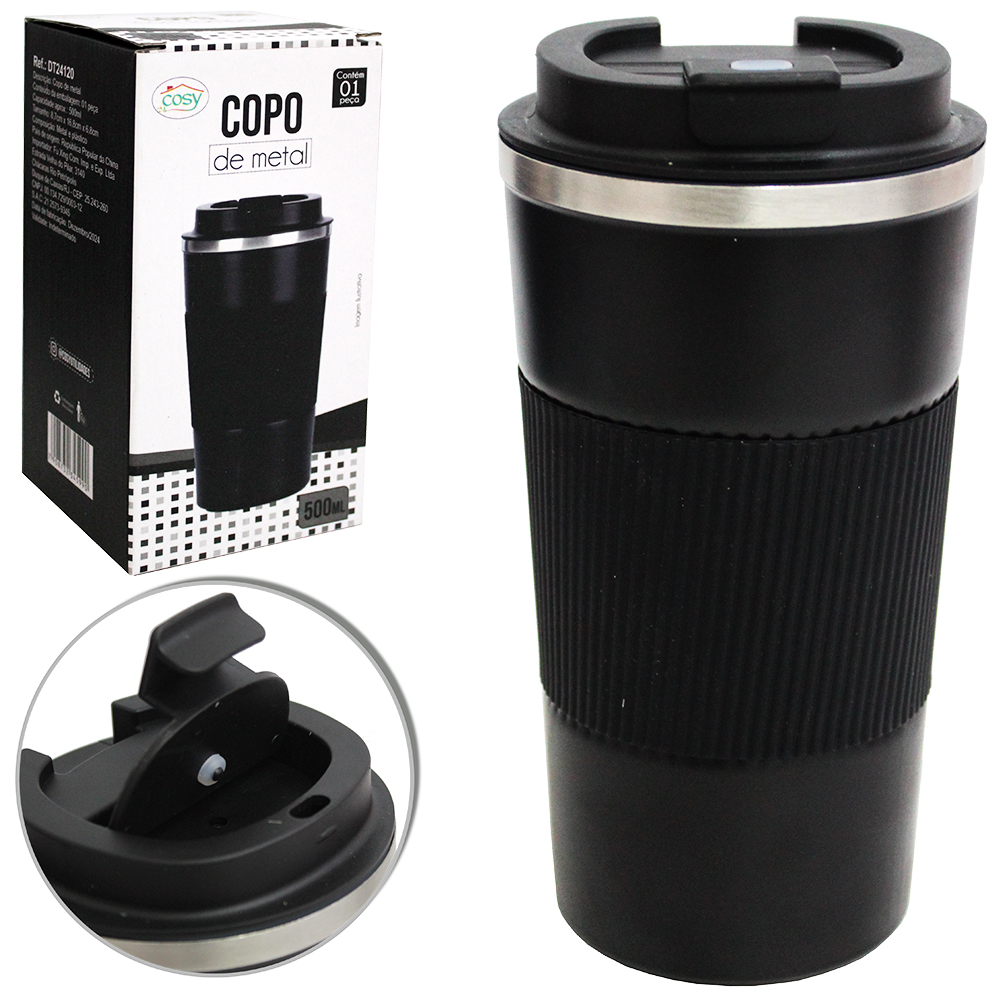 COPO TERMICO INOX COM PAREDE DUPLA EMBORRACHADO + TAMPA DE PLASTICO 500ML
