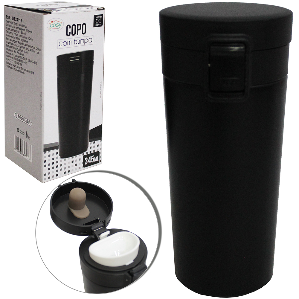 COPO TERMICO INOX COM PAREDE DUPLA + TAMPA DE PLASTICO 345ML NA CAIXA