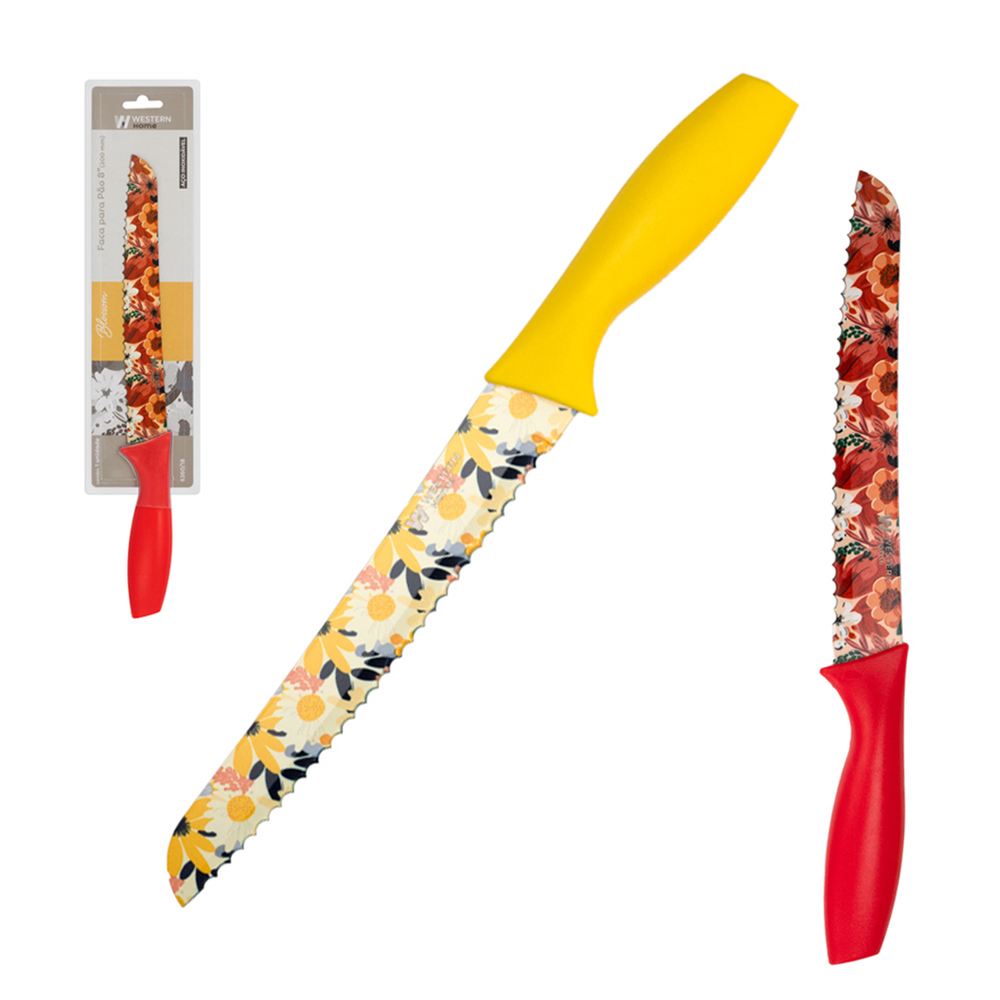 FACA DE PAO 8'' DECORADA INOX CABO PLASTICO AMARELO / VERMELHO BLOSSOM