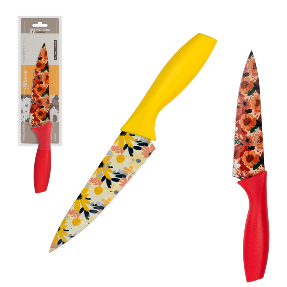 FACA DE CARNE / PEIXEIRA 6'' INOX DECORADA CABO PLASTICO AMARELO / VERMELHO CHEFE BLOSSOM
