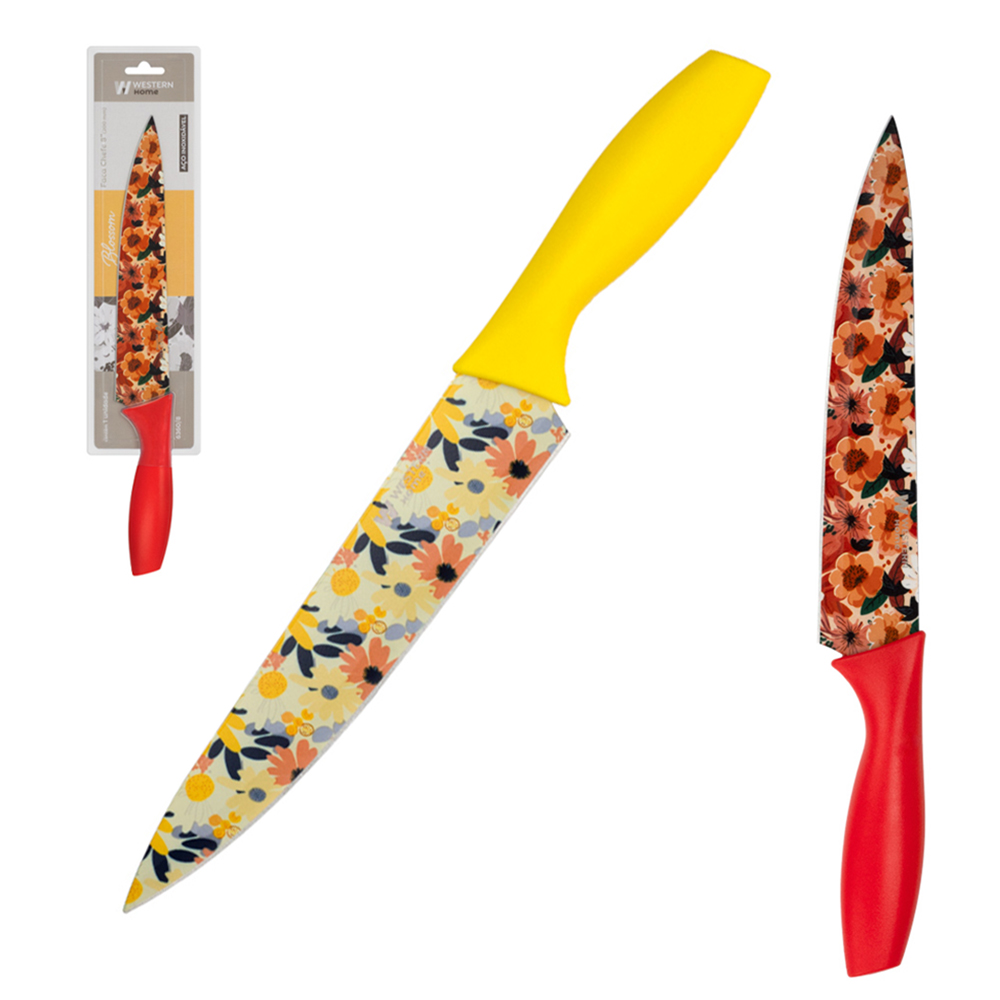 FACA DE CARNE / PEIXEIRA 8'' INOX DECORADA CABO PLASTICO AMARELO / VERMELHO CHEFE BLOSSOM