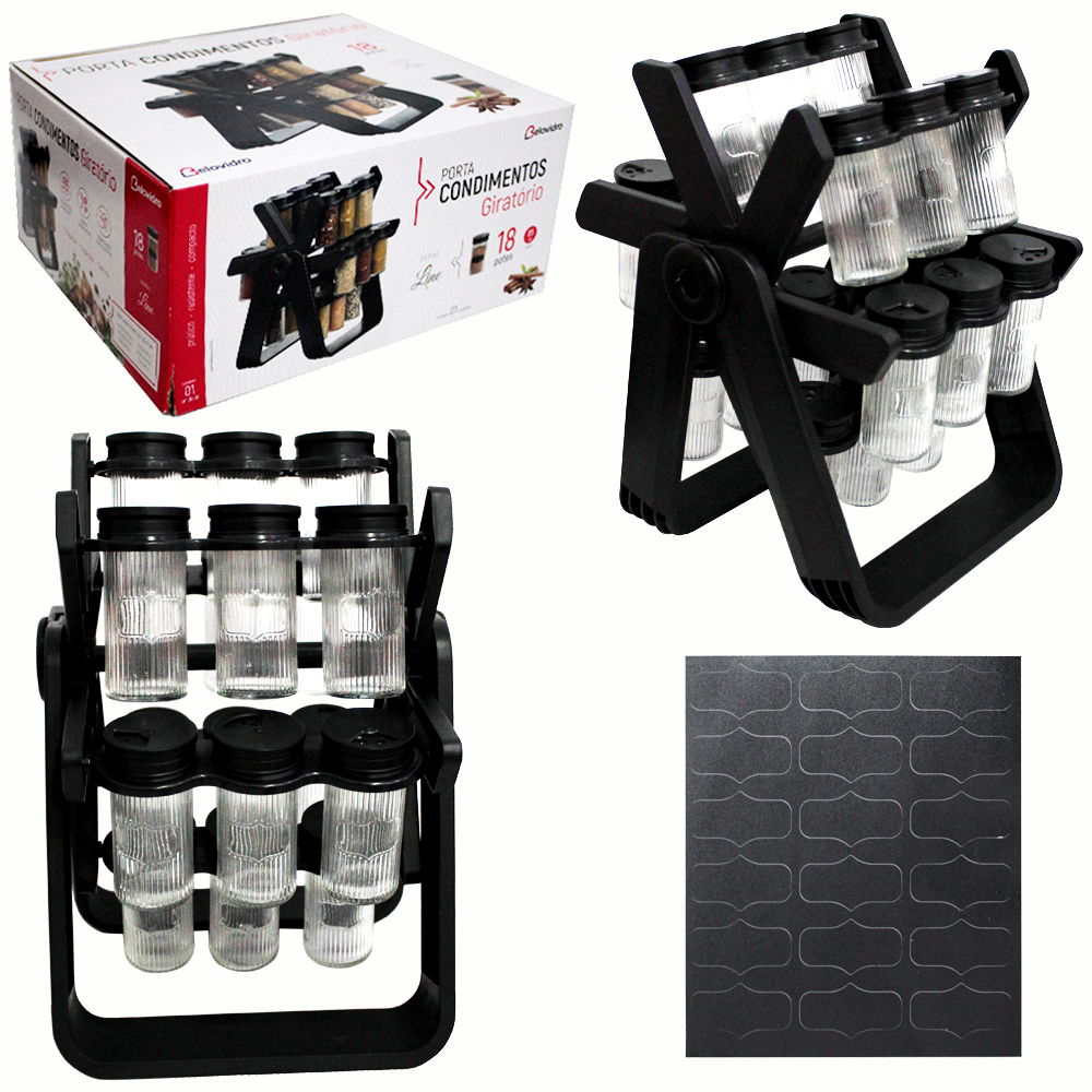 PORTA CONDIMENTO DE VIDRO / PLASTICO COM 18 PECAS 85ML + SUPORTE GIRATORIO LINE BLACK