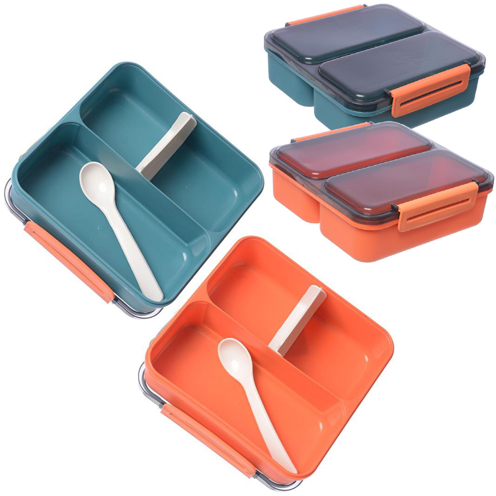 MARMITA LANCHEIRA DE PLASTICO QUADRADO COM 2 DIVISORIAS + COLHER E TRAVA LATERAL 18X6CM