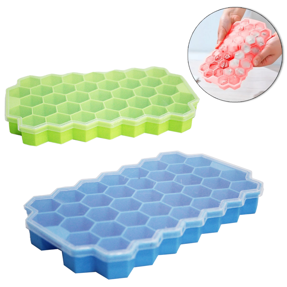 FORMA DE GELO COM 37 CAVIDADES COLMEIA DE SILICONE COM TAMPA 20X12X2,2CM
