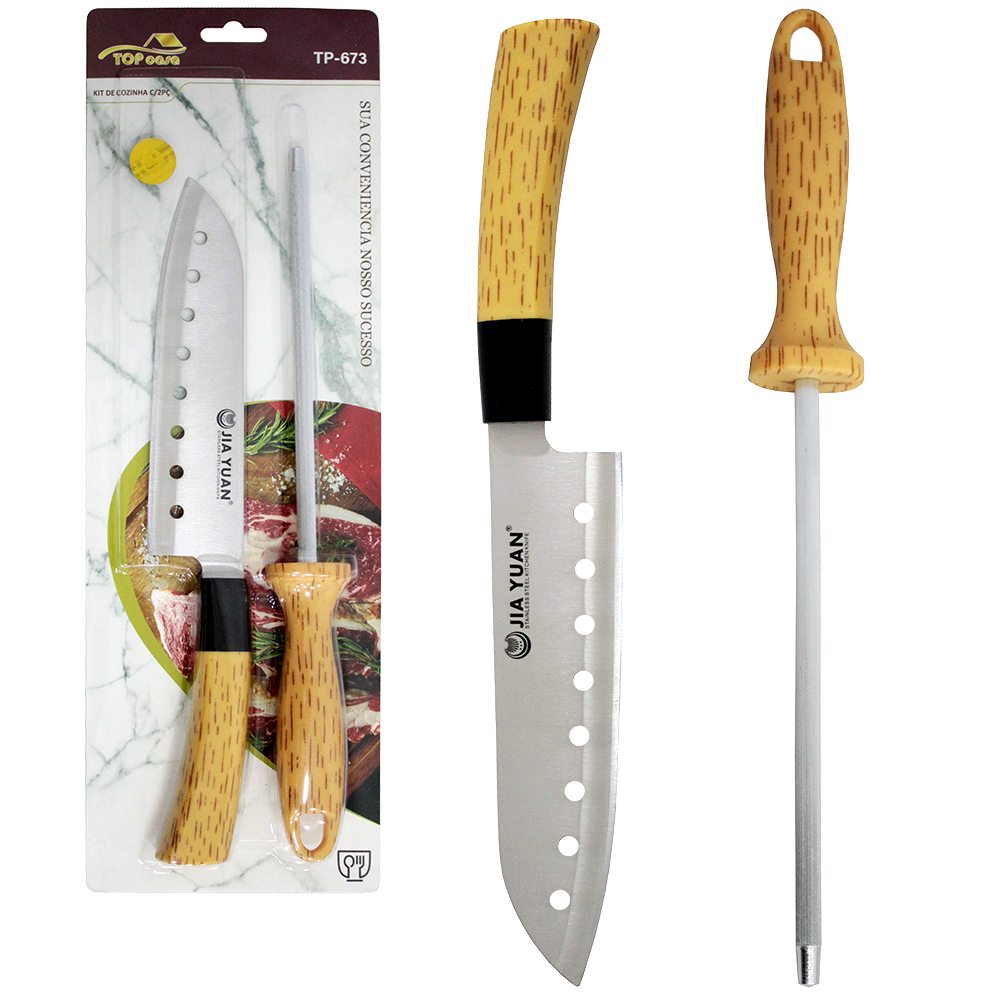 FACA DE SUSHI SANTOKU FURO SAMURAI 7'' + CHAIRA 7'' INOX CABO TIPO MADEIRA TOP CASA