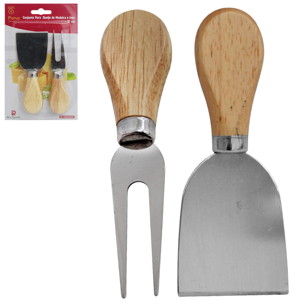 CONJUNTO PARA QUEIJO E FRIOS COM ESPATULA + GARFO DE INOX CABO MADEIRA