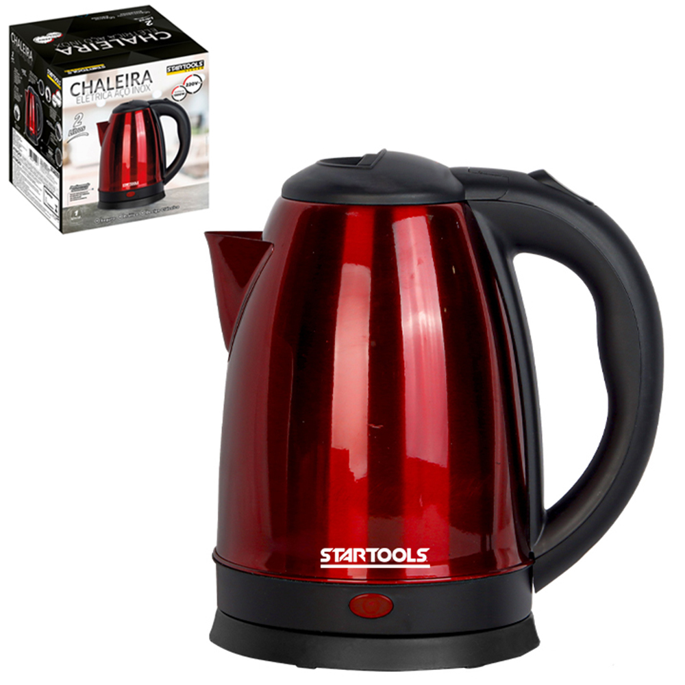 CHALEIRA JARRA ELETRICA DE INOX VERMELHA COM BASE REMOVIVEL + ALCA E LED INDICATIVO 2L 220V
