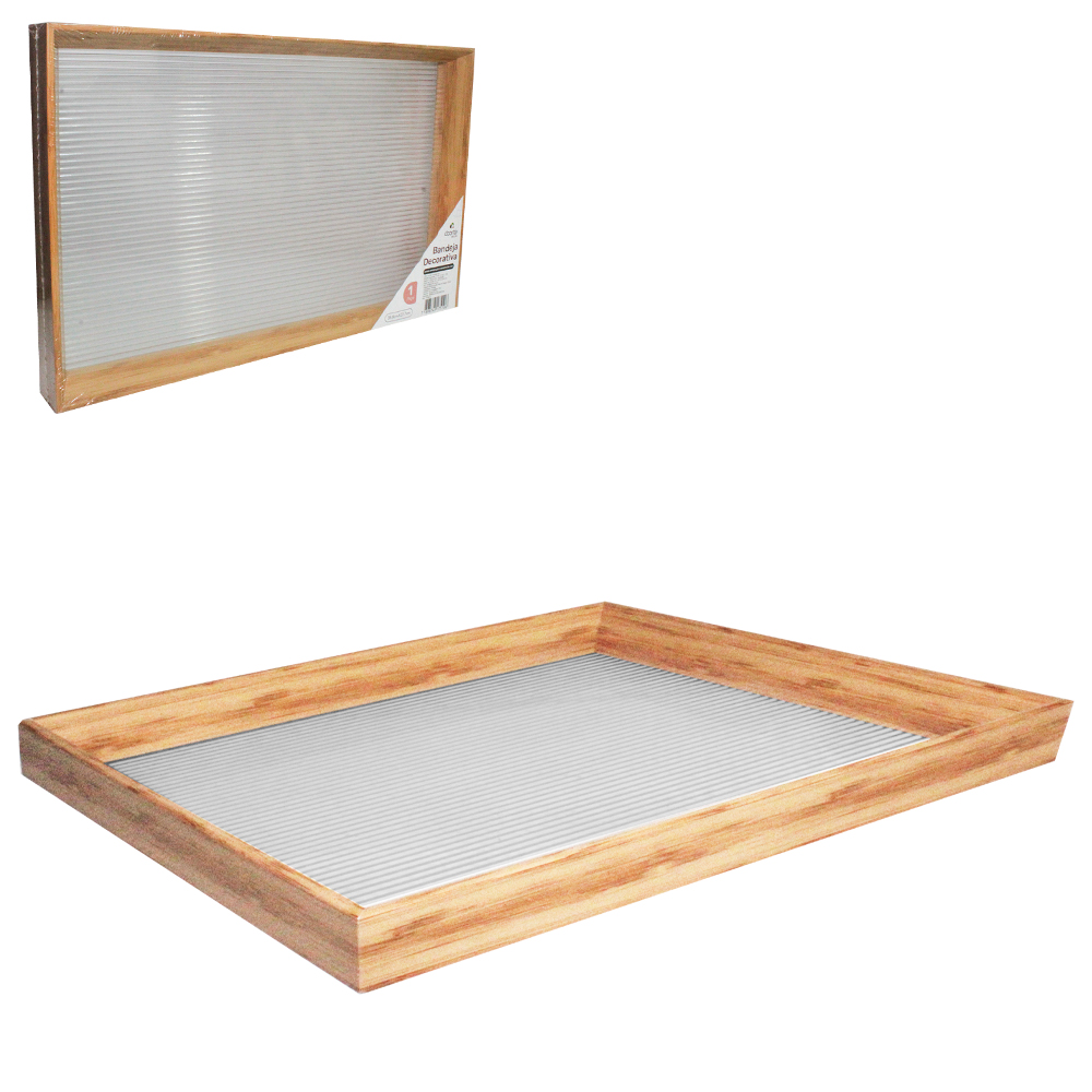 BANDEJA DE PLASTICO TIPO MADEIRA COM FUNDO TRANSPARENTE RETANGULAR DECORATIVA DECOR 35,8X22,7X3,5CM