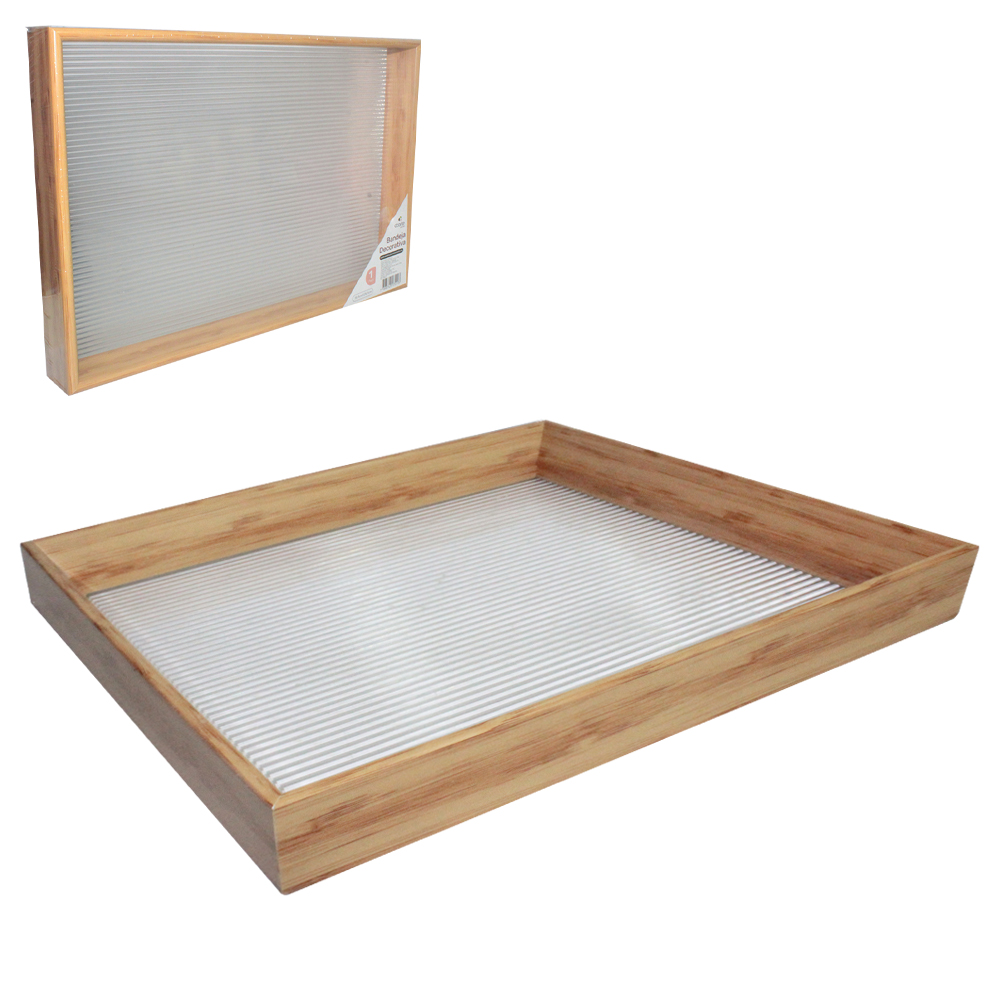 BANDEJA DE PLASTICO TIPO MADEIRA COM FUNDO TRANSPARENTE RETANGULAR DECORATIVA DECOR 39,5X26,5X4,5CM