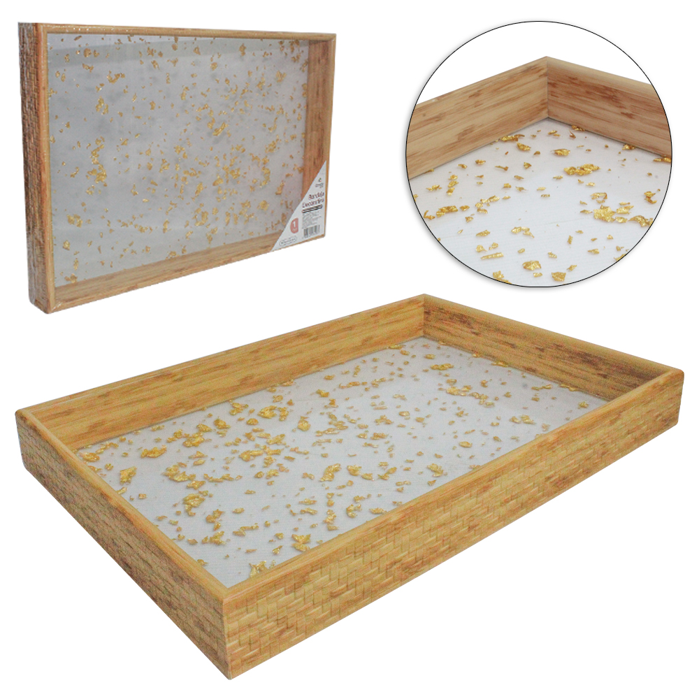 BANDEJA PLASTICO TIPO MADEIRA RATTAN COM FUNDO TRANSPARENTE FOLHAS DE OURO RETANGULAR DECORATIVA DECOR 39,5X26,5X4,5CM