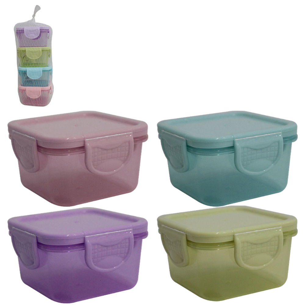 CONJUNTO DE MINI POTE DE PLASTICO QUADRADO COM TAMPA E TRAVA FACILE 4 PECAS 160ML