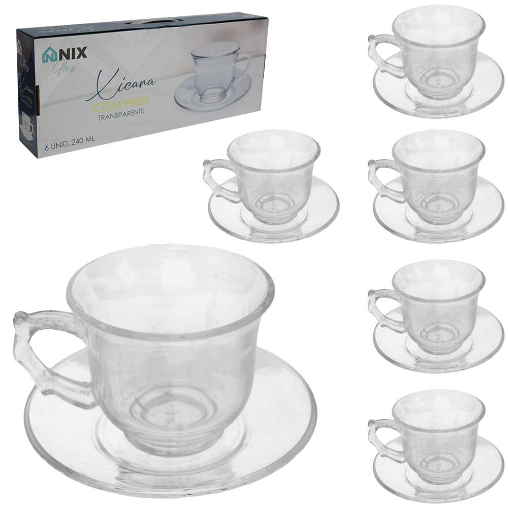 JOGO DE XICARA DE VIDRO COM PIRES PARA CHA TRANSPARENTE COM 12 PECAS 240ML