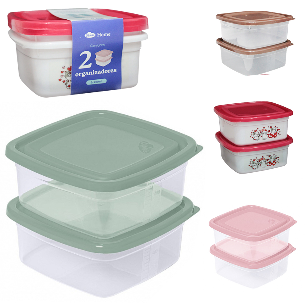 CONJUNTO DE ORGANIZADOR DE PLASTICO QUADRADO G HOME COM TAMPA 2 PECAS 690ML
