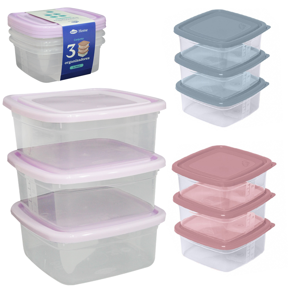 CONJUNTO DE ORGANIZADOR DE PLASTICO QUADRADO M HOME COM TAMPA 3 PECAS 380ML